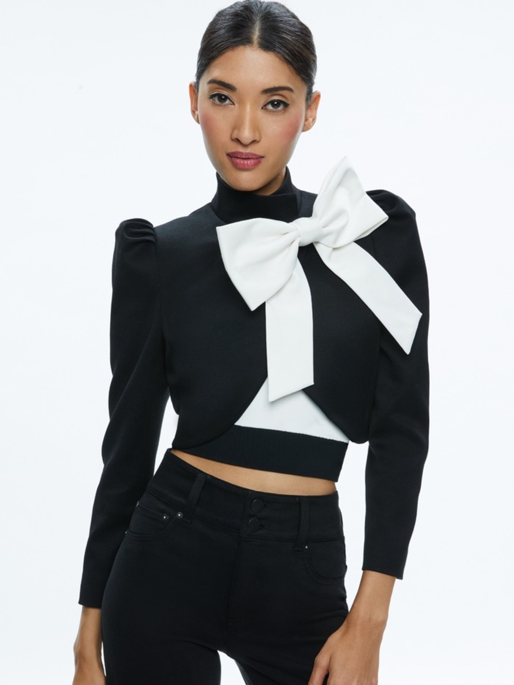 Alice + Olivia Addison Black Cropped Jacket with White Bow